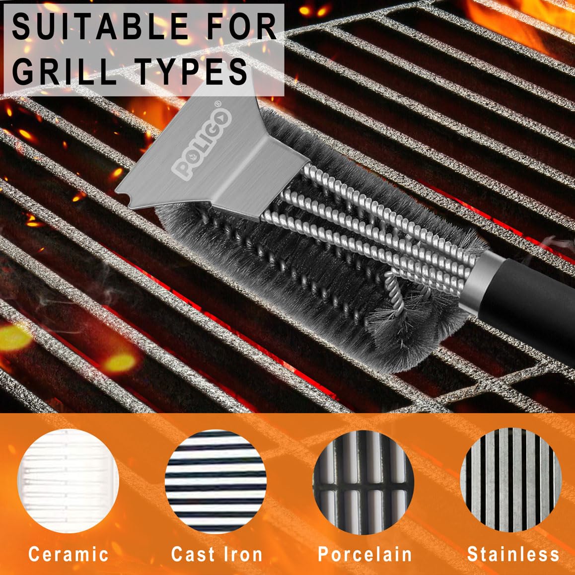 POLIGO Grill Brush and Scraper with Deluxe Handle - Safe Wire Stainless Steel BBQ Brush for Gas Infrared Charcoal Porcelain Grills - Ideal Gift BBQ Cleaning Brush for Grill Wizard Grate Cleaner