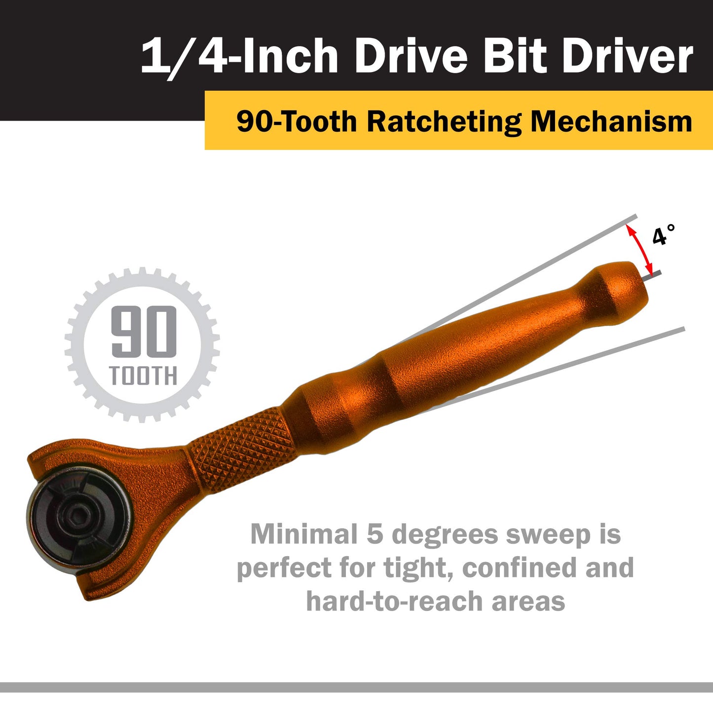 Titan Tools 11323 1/4-Inch Drive x 4-Inch 90-Tooth Swivel Head Micro Ratcheting Bit Driver - Orange