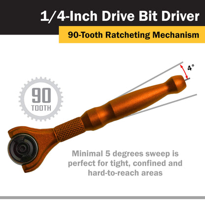 Titan Tools 11323 1/4-Inch Drive x 4-Inch 90-Tooth Swivel Head Micro Ratcheting Bit Driver - Orange