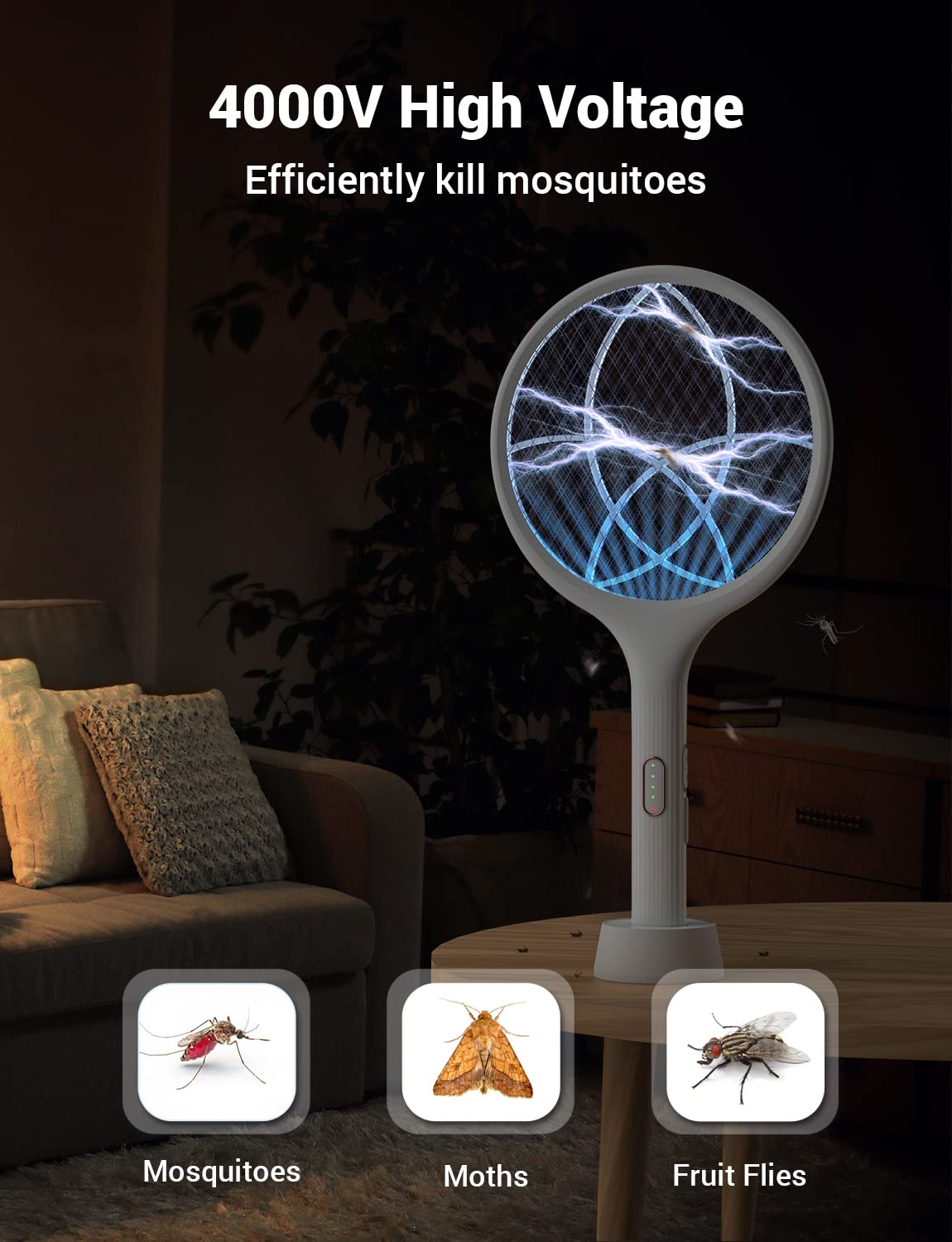 YISSVIC Bug Zapper Racket 4000 Volt Electric Fly Swatter Fly Zapper Indoor Outdoor Dual Modes with Attractant Light Rechargeable
