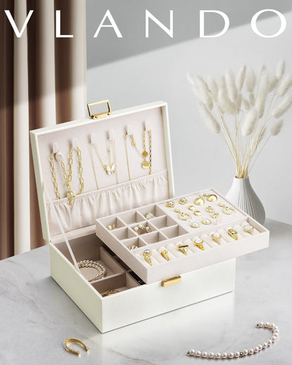 Vlando 2 Layer Jewelry Box Large Jewelry Organizer for Women Removable Jewelery Tray for Necklace Earrings Rings Bracelets Jewelry Boxes for Women Gift (White)