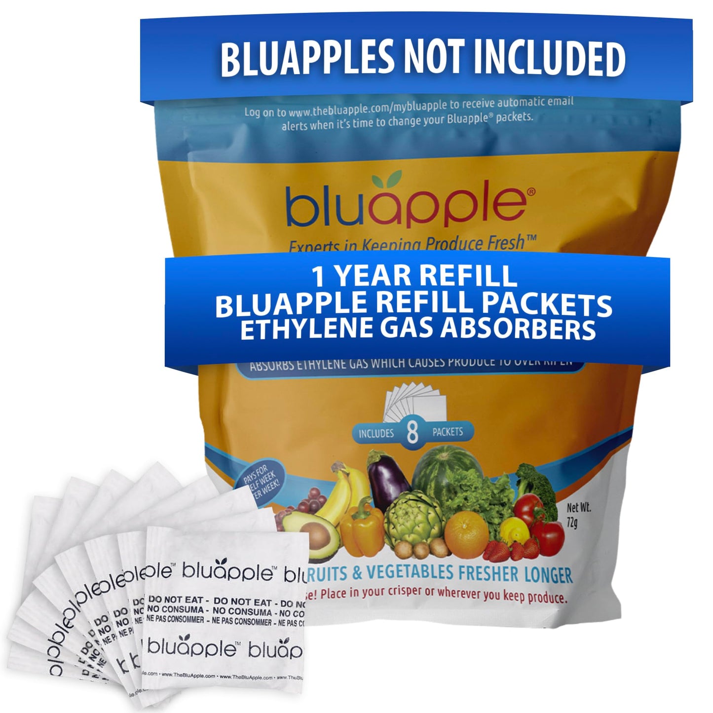 Bluapple Produce Saver Refill Kit - Keep Fruits and Vegetables Fresh Longer, 8 Veggie and Fruit Saver Packets, Each Packet Lasts up to 3 Months, Ethylene Gas Absorber