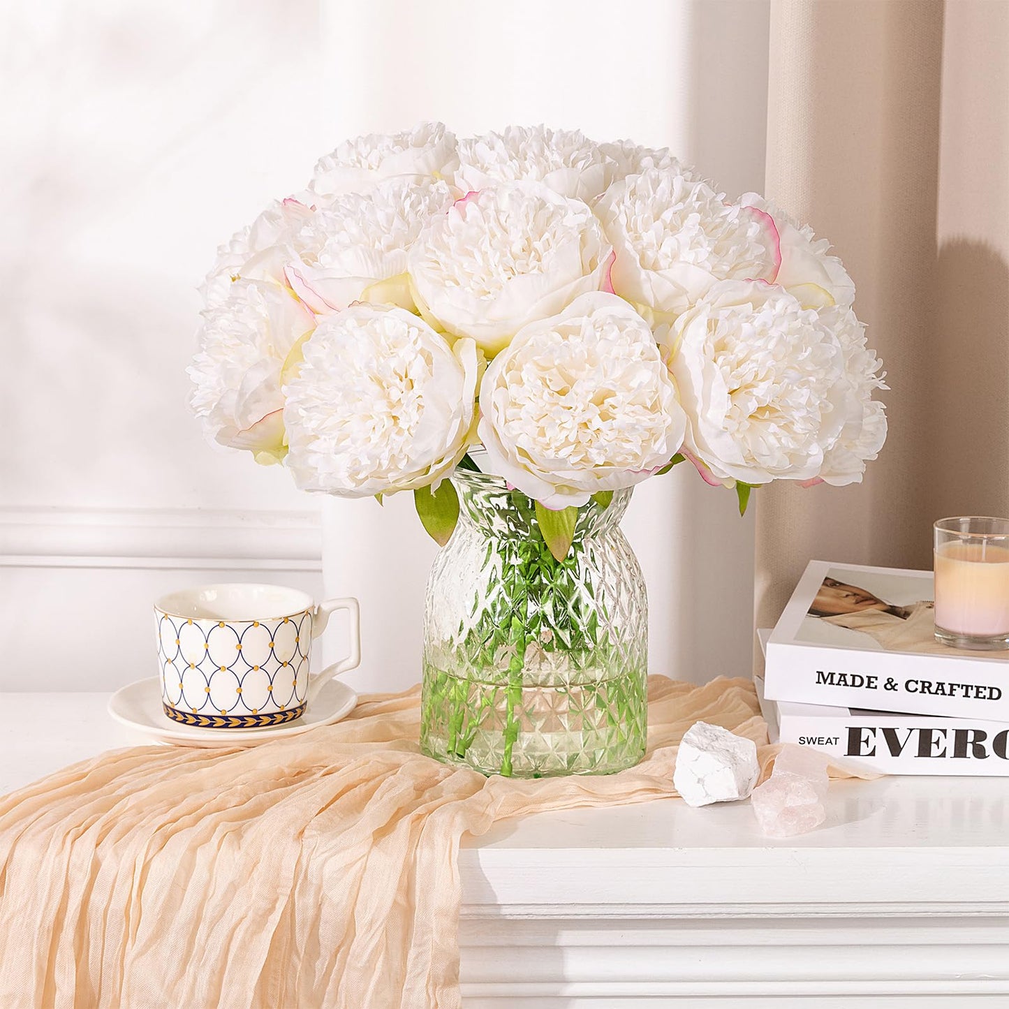 U'Artlines 2 Bouquet 10Heads Artificial Peony Silk Flower Leaf Home Office Wedding Party Festival Bar Decor (White)