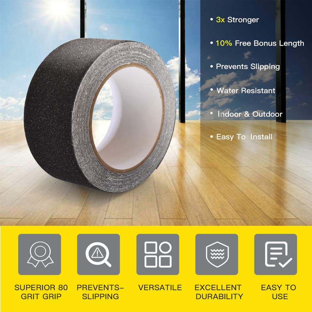 APT Anti Slip Traction Tape, 80 Grit, Waterproof, Strong Traction Grip Tape, Non Skid, Safety Walk Tape, Stairs Anti Slip, Baby/Elder/Pet/Indoor/Outdoor, Black. (2 Rolls, 2'' X 20Ft)