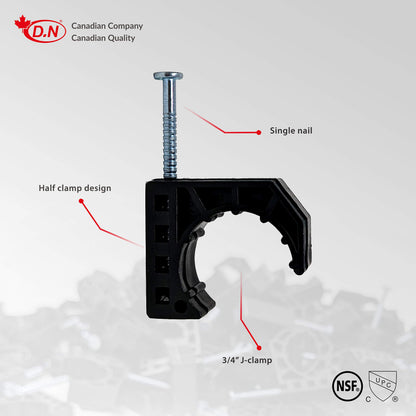 D.N. 100 Pieces Half Clamps J-Hook with Nail, J-Clamp for 3/4" Tubing Pipe Support J-Clips Tubing Fastener, Black Tube Talons (Contractors Bulk Pack of 100)