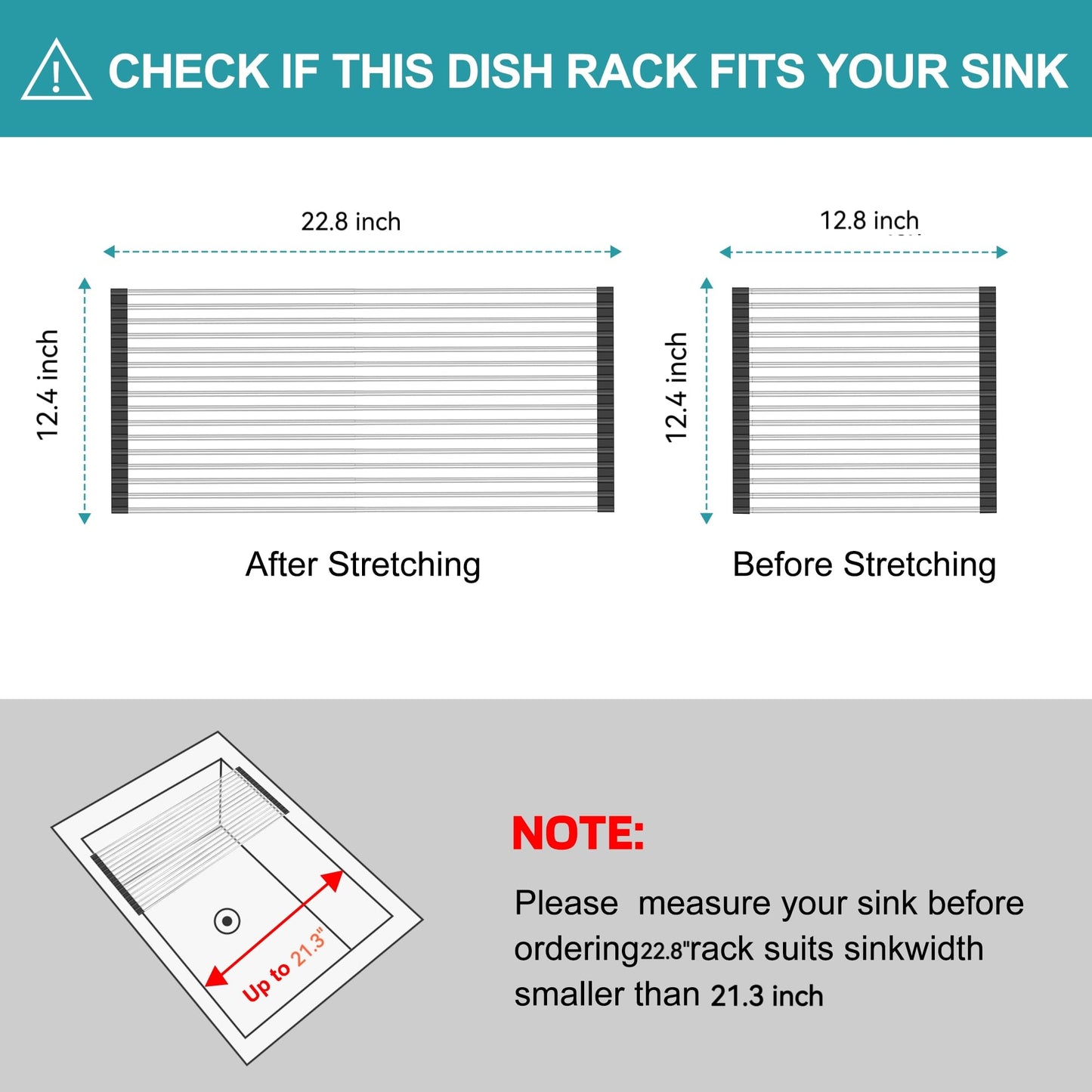 BBXTYLY Extra Large Expandable Roll Up Dish Drying Rack,Over The Sink Drying Rack Sink Cover Kitchen Sink Accessories Kitchen Rolling up Stainless Steel Drainer, Foldable,Rollable（Black，22.8''-12.4''）