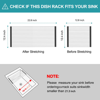 BBXTYLY Extra Large Expandable Roll Up Dish Drying Rack,Over The Sink Drying Rack Sink Cover Kitchen Sink Accessories Kitchen Rolling up Stainless Steel Drainer, Foldable,Rollable（Black，22.8''-12.4''）