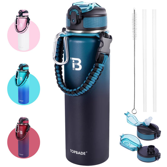 TOPBADE Insulated Water Bottle with 2 Lids(with Straw/No Straw), 24oz Stainless Steel Water Bottle,BPA-free and Leak-proof,Double Wall Vacuum Water Flask for School,Gifts for Boys and Girls