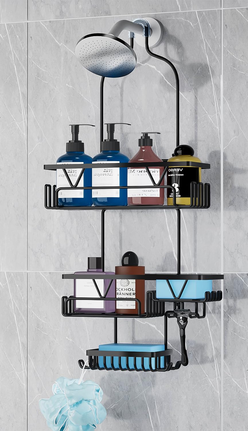 DAOYA Black Shower Caddy Hanging - Over the Shower Head Caddy 3 Tier Bathroom Organizer With 4 Baskets, Soap Holders, Multi Hooks, Rustproof, Stainless Steel