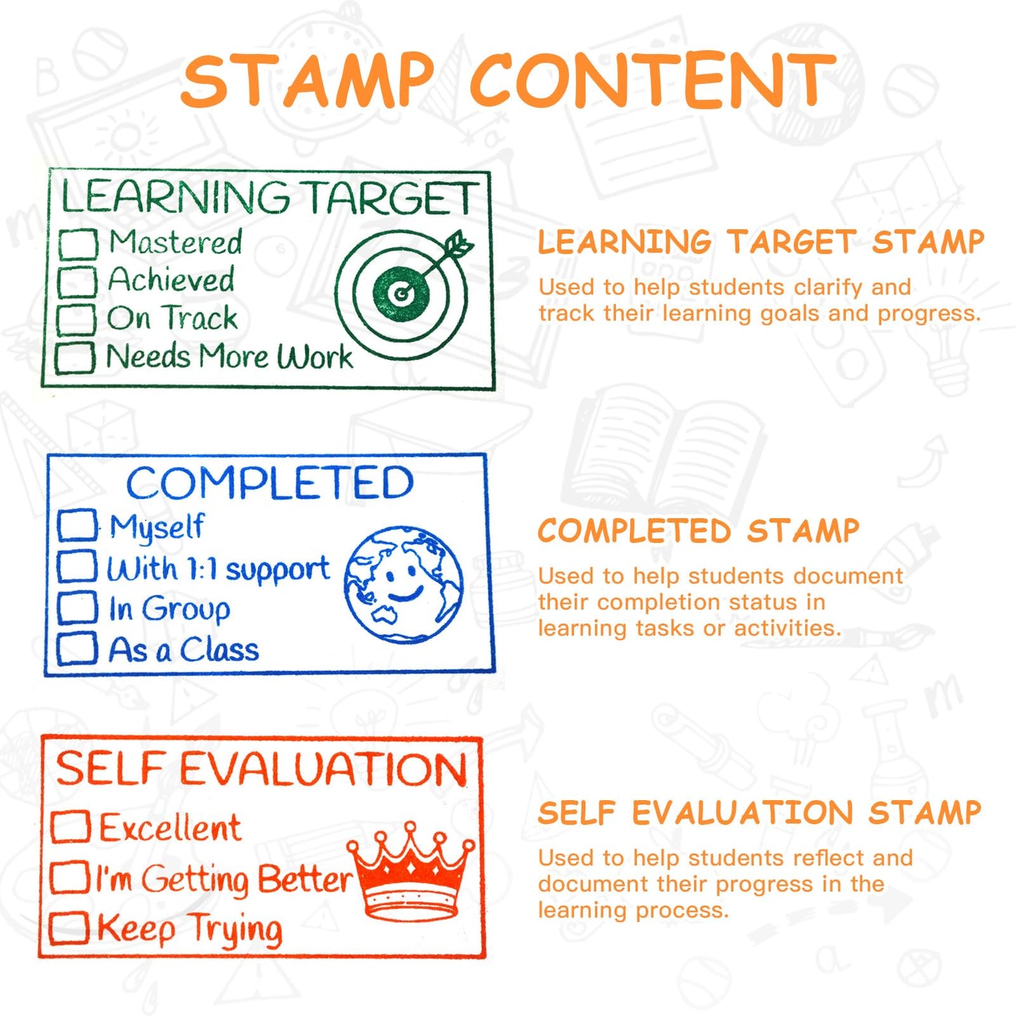 3 Teacher Stamps Self Inking, Pre-Inked Teacher Stamp for Grading, Educator Completed with Support Teacher Stamps Set, for Teacher Gifts Supplies School Essentials Office Stationery Must Haves Stamps