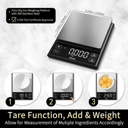 Vitafit 11lb Food Scale, High Accuracy 0.0001lb by Our Professional Factory Since 2001, Digital Kitchen Scale with% Percentage Function Cooking,Baking&Coffee, Stainless Steel, Big LED, Black