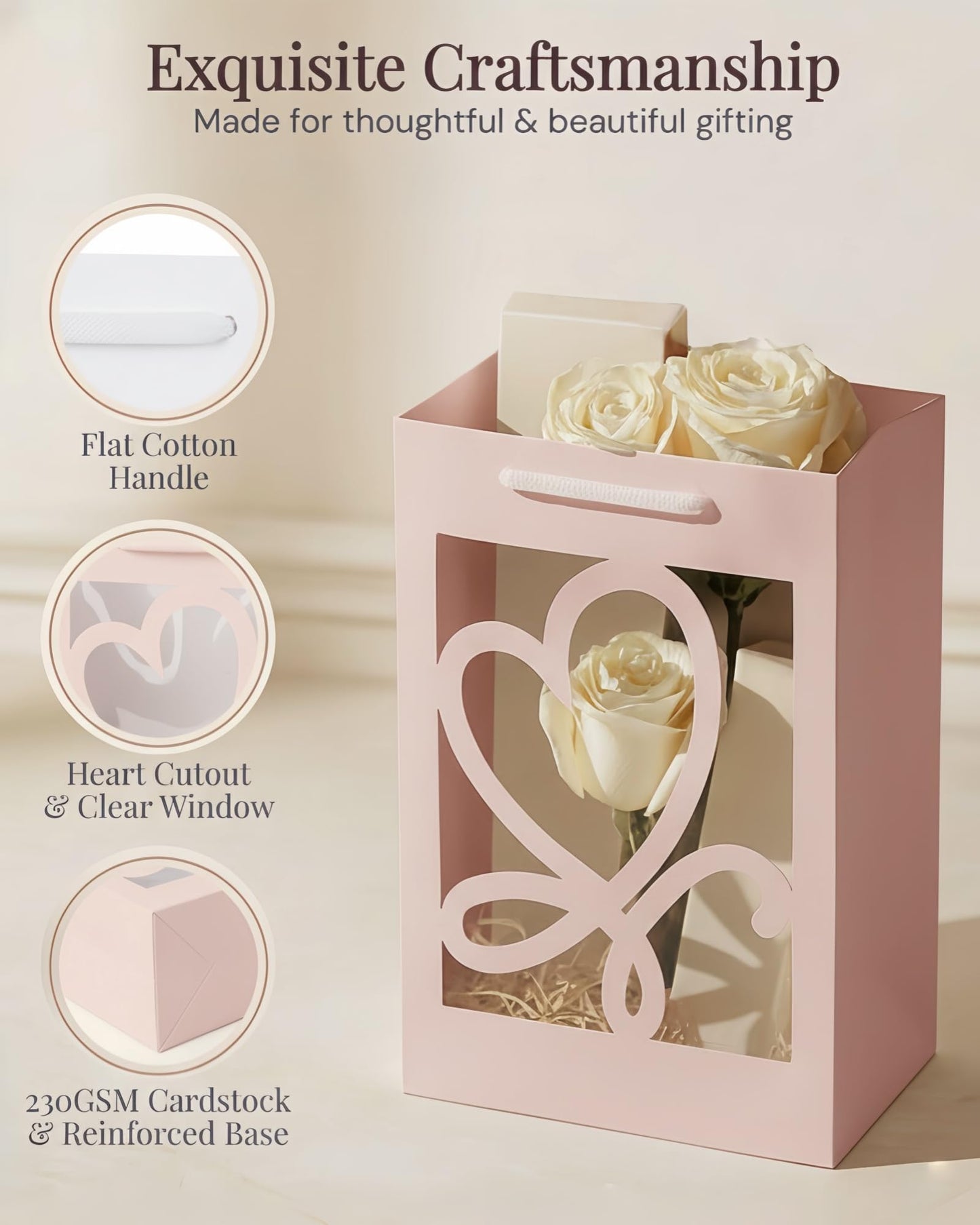 VAGREEZ Gift Bags with Window and Handles 15 Pack | Reusable, Transparent Heart Cutout Design, Medium Size, Bulk, Elegant Paper Gift Bags | Ideal for Party Favors, Wedding, Bridal Shower, Valentine’s Day, Mother's Day, Birthday And Special Occasions | Pin
