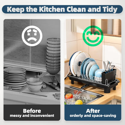 SanDream Small Dish Drying Rack, Compact Dish Rack for Kitchen Counter with Removable Cutlery Holder, 360°Rotating Spout, Multifunctional Stainless Steel Dish Drainer, Space Saving