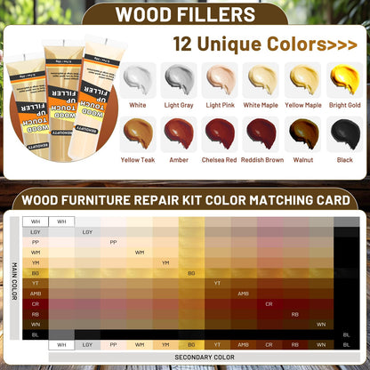 Wood Furniture Repair Kit, All-in-One Hardwood Floor Scratch Repair Kit Include Wood Putty & 12 Colours Wood Touch Up Markers and Beeswax, Vinyl Floor Repair Kit for Scratch, Cracks, Stain, Holes