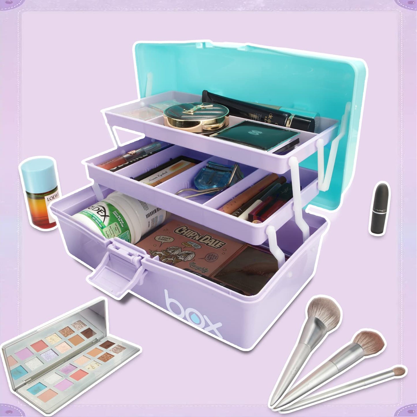 30cm Three-Layer Multipurpose Storage Box Organizer Folding Tool Box/Art & Crafts Case/Sewing Supplies Organizer/Medicine Box/Family First Aid Box with 2 Trays (Purple Blue)
