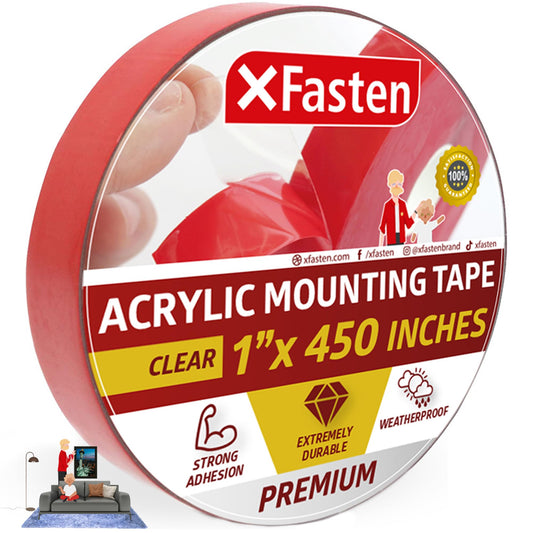 XFasten Double Sided Acrylic Mounting Tape Removable, Clear, 1-Inch x 450-Inch, Weatherproof Adhesive for Brick, Walls- Indoor and Outdoor Applications