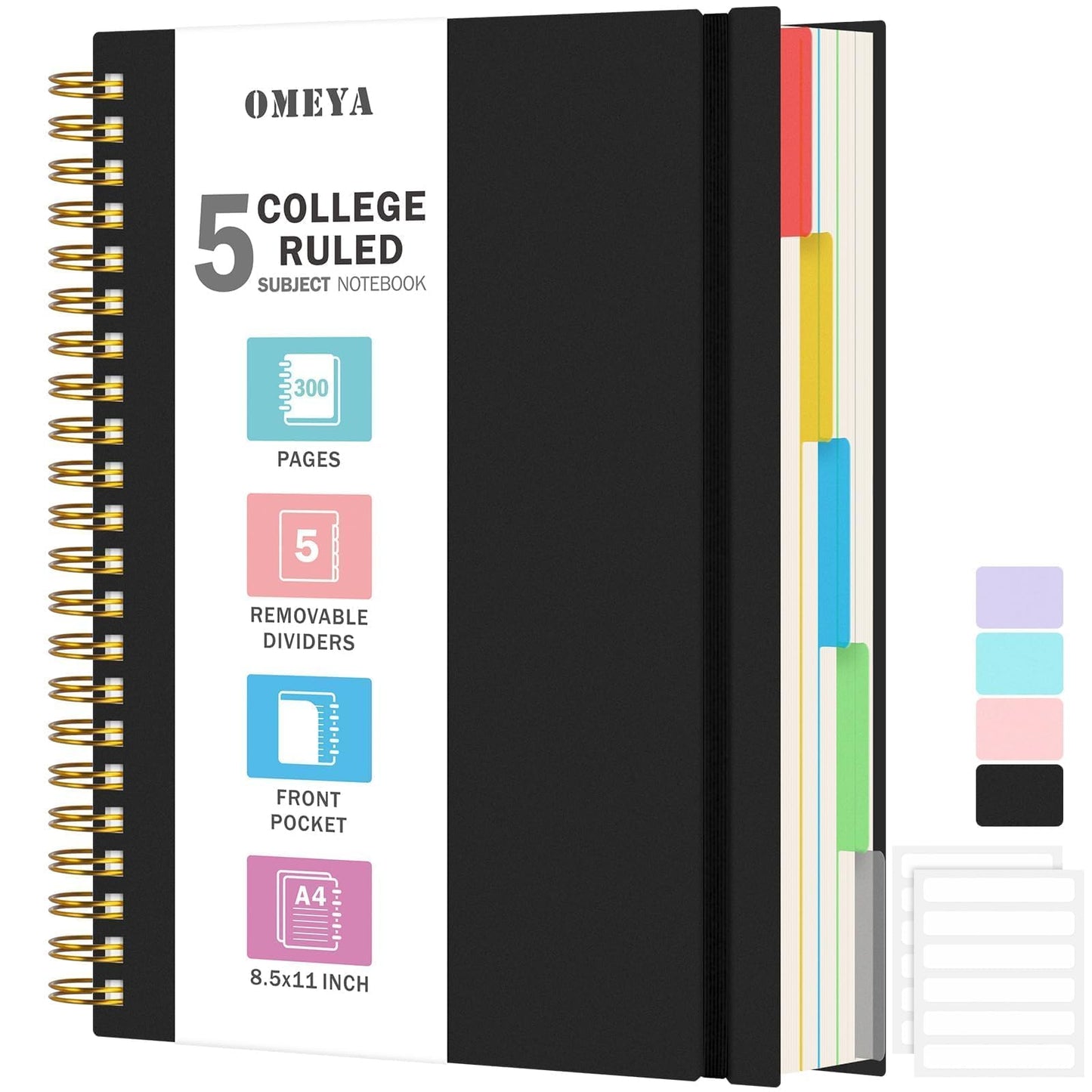 Spiral Notebook 8.5" x 11", 5 Subject Notebooks College Ruled with Removable Dividers, 300 Pages 100GSM Thick Spiral Writing Journal for Women & Men, Large A4 Lined Journal Notebooks for Work, School
