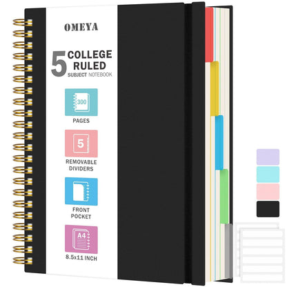 Spiral Notebook 8.5" x 11", 5 Subject Notebooks College Ruled with Removable Dividers, 300 Pages 100GSM Thick Spiral Writing Journal for Women & Men, Large A4 Lined Journal Notebooks for Work, School