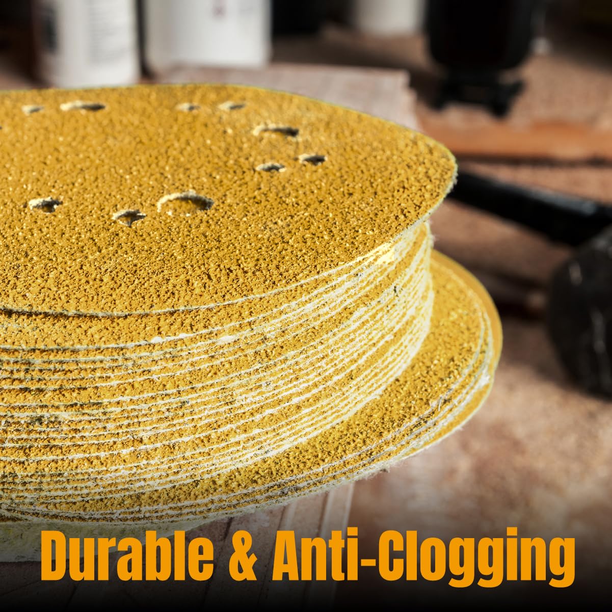 POWERTEC 50 PCS 100 Grit - 5 Inch 8 Hole Hook and Loop Sanding Discs, 5" Sanding Pads for Automotive, Drywall, Woodworking with Orbital Sander, Air, and DA Sander (44010G-50)