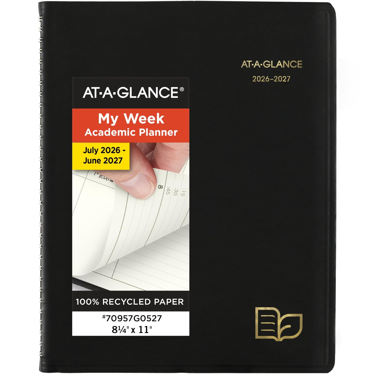 AT-A-GLANCE Planner 2026-2027 Weekly & Monthly Academic 12-Month July-June Quarter-Hourly Appointment Book, 8-1/4" x 11", Recycled, Black (70957G05)