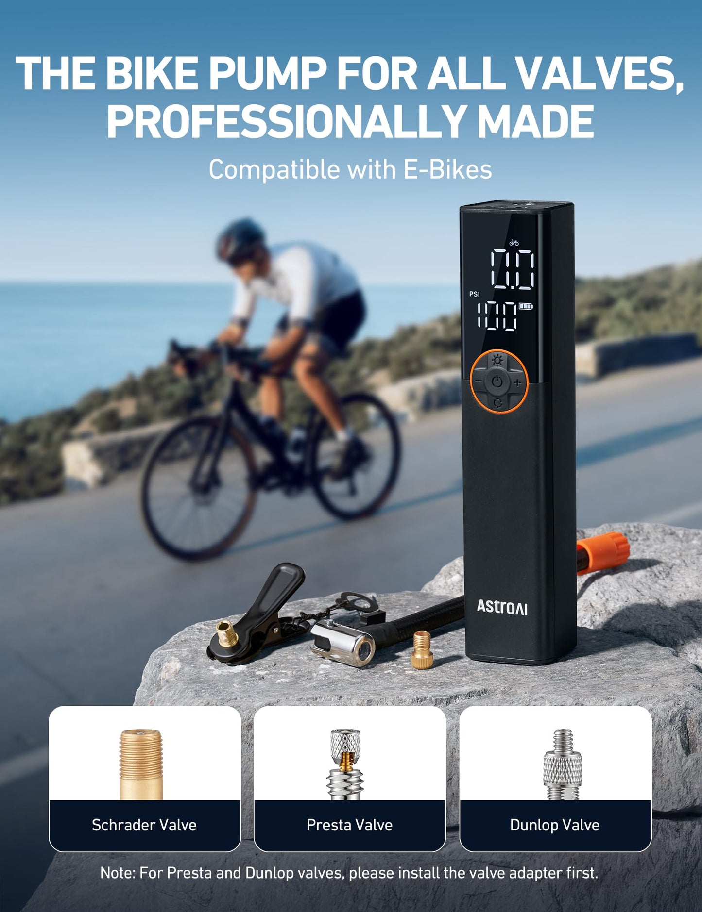 AstroAI L8 Electric Bike Pump, Portable Bicycle Tire Inflator with Pressure Gauge and Auto Shut-Off, 150 PSI Powerful Motor Mini Air Pump for Road, Mountain & E-Bike with Presta and Schrader Valves