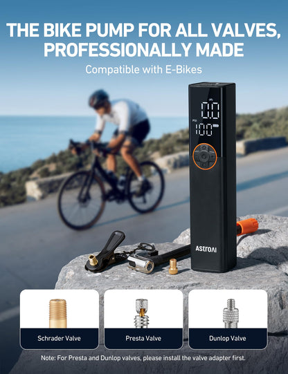 AstroAI L8 Electric Bike Pump, Portable Bicycle Tire Inflator with Pressure Gauge and Auto Shut-Off, 150 PSI Powerful Motor Mini Air Pump for Road, Mountain & E-Bike with Presta and Schrader Valves