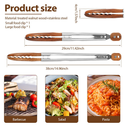 2 Pcs Walnut Wooden Kitchen Tongs Wood Food Tongs Salad Tongs with Wooden Tips, Locking Tongs Wood Serving Tongs for Flipping Cooking Grilling