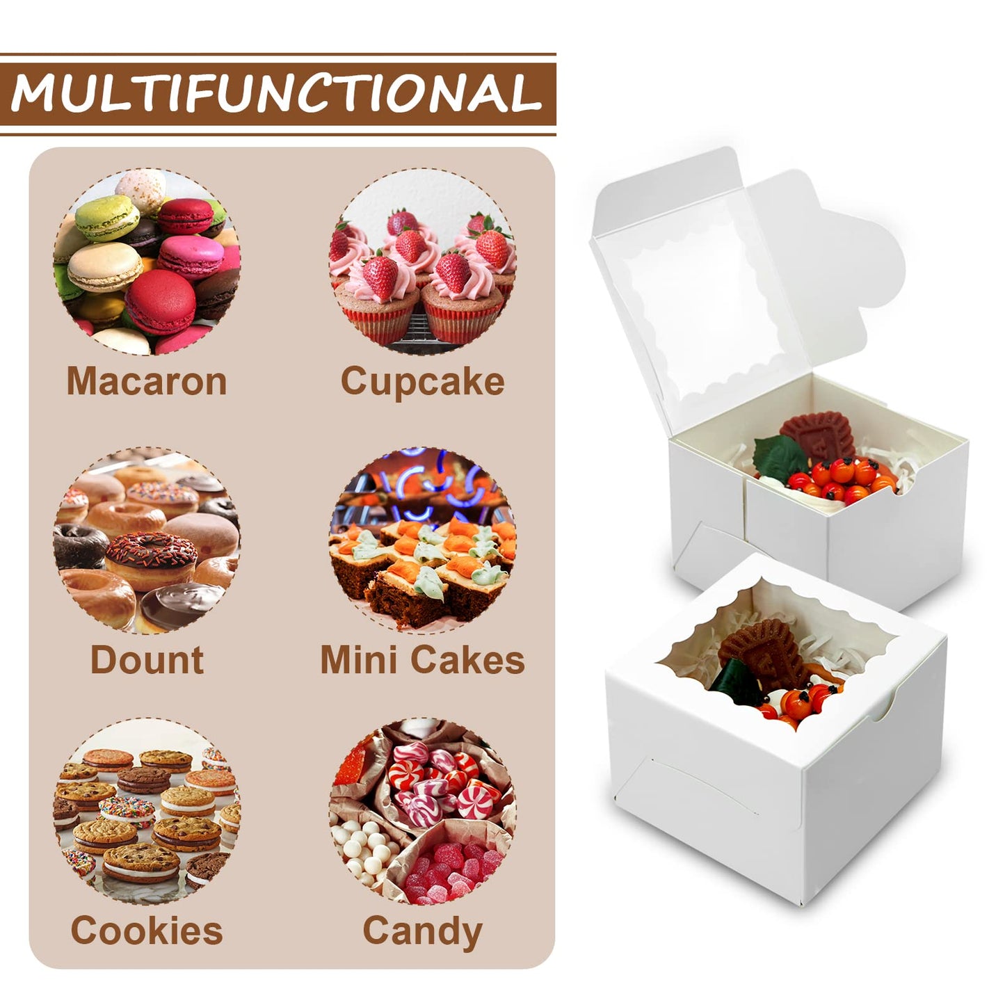 XINHPKGG 100pcs Cookie Boxes 4x4x2.5 Inch Bakery Boxes with Window Treat Box Dessert Box for Wedding Favors Party Mother's Day - White