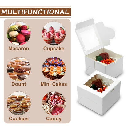 XINHPKGG 100pcs Cookie Boxes 4x4x2.5 Inch Bakery Boxes with Window Treat Box Dessert Box for Wedding Favors Party Mother's Day - White