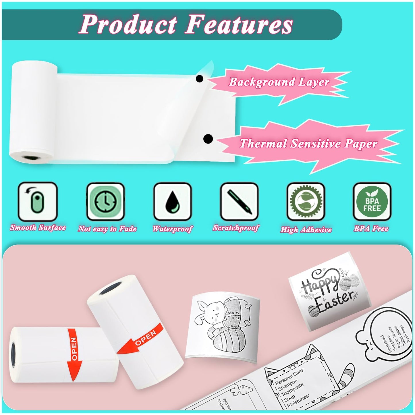 15 Rolls 53x28mm White Thermal Sticker Paper for Phomemo T02/M02/M02S/PRO Mini Printers, 3.75m Self-Adhesive Printer Paper for Memoking Mini Printer, Study Notes, Journals, Photos