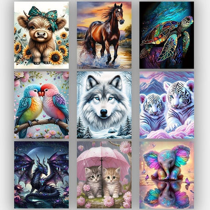 9 Pack Animals Diamond Art Kits for Adults，5D DIY Cow Elephant Dragon Diamond Painting Kits for Beginners Round Full Drill Painting with Diamonds Gem Art for Home Wall Decor 12X16Inch