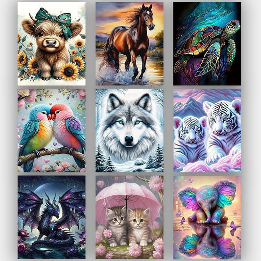 9 Pack Animals Diamond Art Kits for Adults，5D DIY Cow Elephant Dragon Diamond Painting Kits for Beginners Round Full Drill Painting with Diamonds Gem Art for Home Wall Decor 12X16Inch