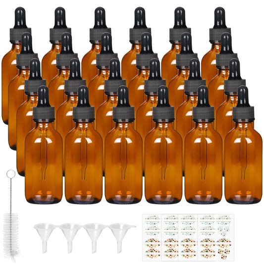 2 oz Amber Glass Dropper Bottles- 24 Pack Boston Bottle with Leakproof Caps for Essential Oils and DIY- Bonus 4 Funnels, 1 Brush＆24 Labels