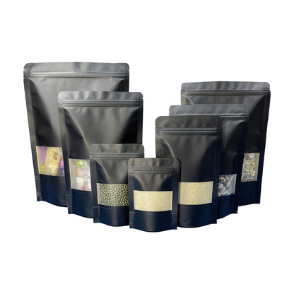 PABCK 50 Pcs Black Kraft Paper Window Bags Seeds Envelopes Stand Up Zipper Resealable Plastic Food Storage Bag Lock Seed Packets for Candy Spices Coffee Packaging Smell Proof 16x24cm (6.3x9.45 inch)