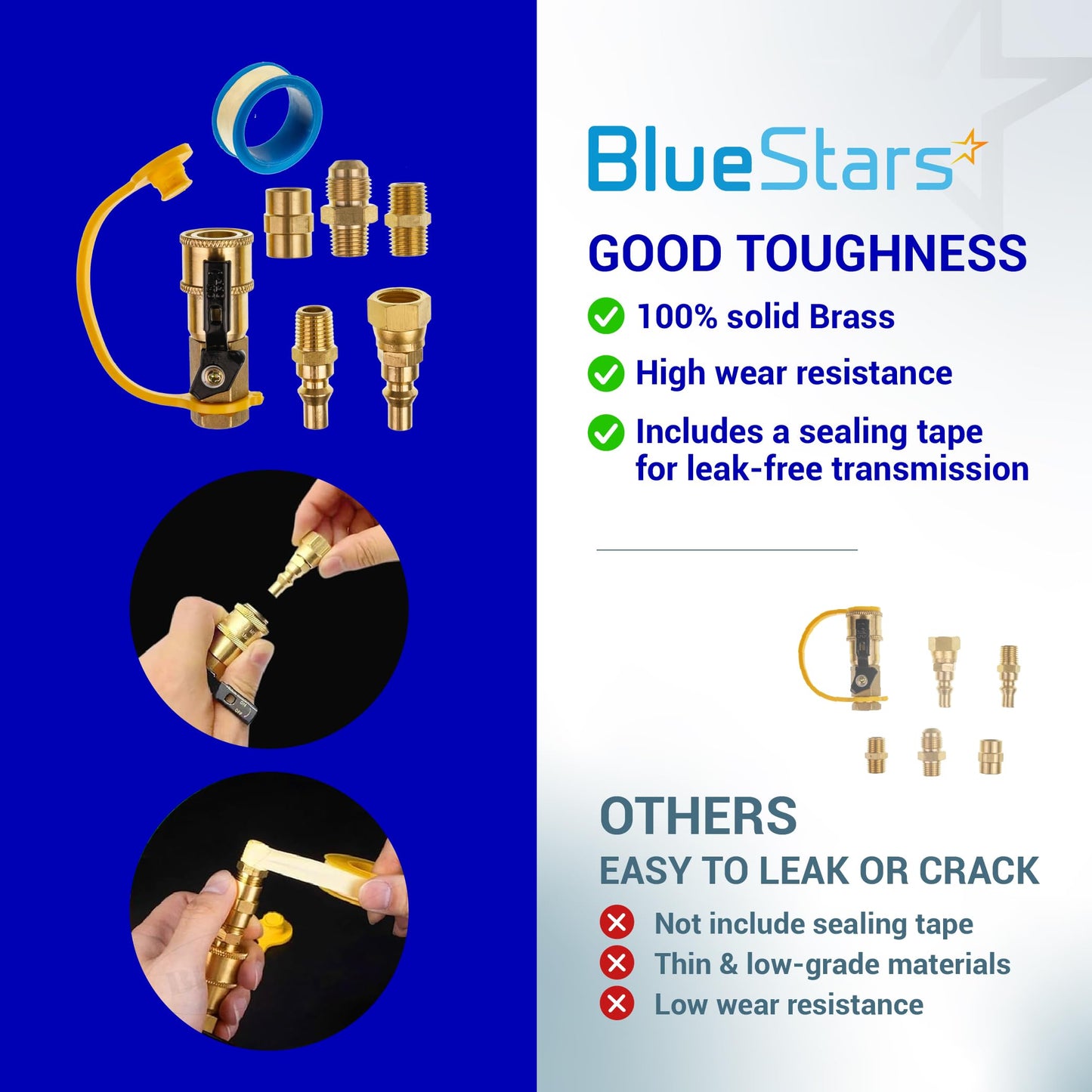 [100% Solid Brass] BlueStars 1/4" RV Propane Quick Connect Fittings Kit - Natural Gas Quick Connect Disconnect Kit, 1/4" Male NPT & 3/8" Male Flare - for Gas Heater Grill Fire Pit, RV Quick Connect