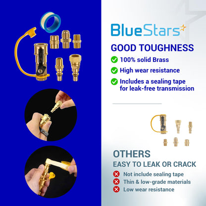[100% Solid Brass] BlueStars 1/4" RV Propane Quick Connect Fittings Kit - Natural Gas Quick Connect Disconnect Kit, 1/4" Male NPT & 3/8" Male Flare - for Gas Heater Grill Fire Pit, RV Quick Connect