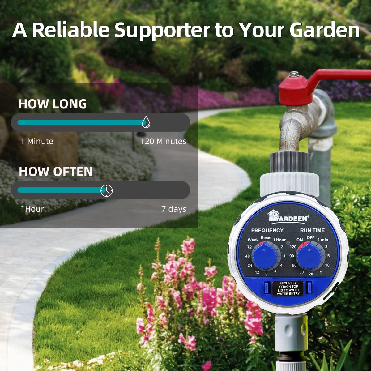Yardeen Water Timer for Hose,Programmable Outdoor Faucet Sprinkler Timer Single Outlet Ball Valve Allow Work Zero Pressure Lawn Watering System