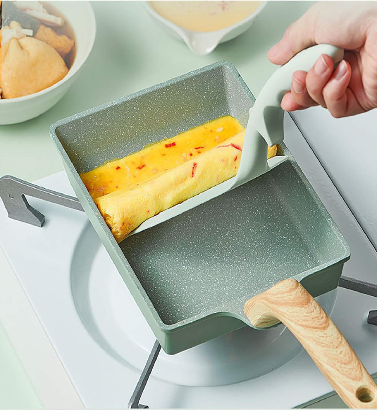 (Tamagoyaki pan) - Japanese Omelette Pan Nonstick Tamagoyaki Egg Pan/Retangle Small Frying Pan/with Silicone Spatula & Brush/Non-Stick Coating (PFOA Free)