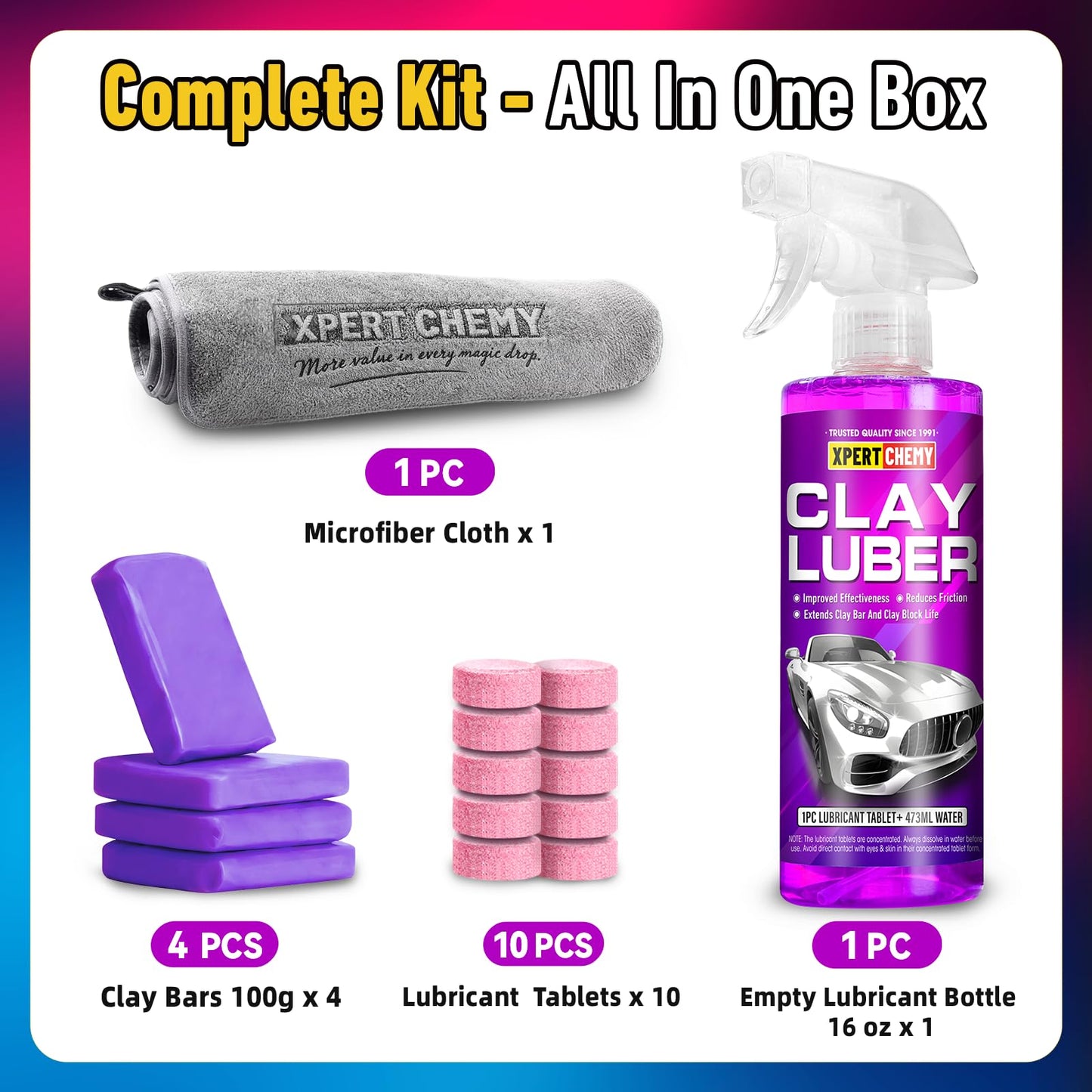 XPERTCHEMY Car Clay Bars Auto Detailing 4 Pack 400g(4x100g) and Clay bar Lubricant Tablets 10 Pack(1pcs=16 oz) Clay bar kit, Spray Bottle and Microfiber Towel for Car Detailing
