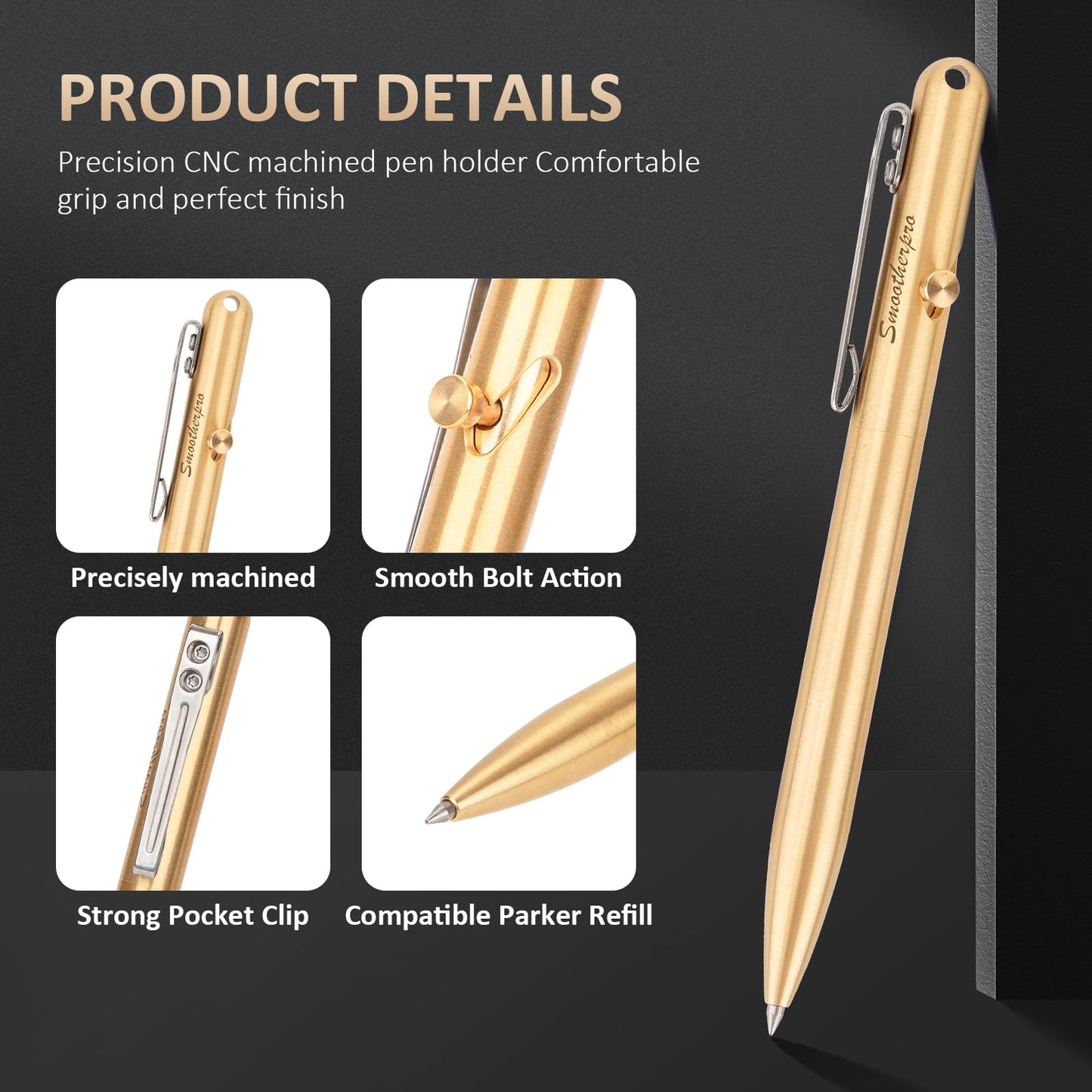 SMOOTHERPRO Solid Brass Bolt Action Pen Compatible Parker Refill with Pocket Stainless Steel Clip for Tremor Parkinson Arthritic GIft Business Collection (SP02N)