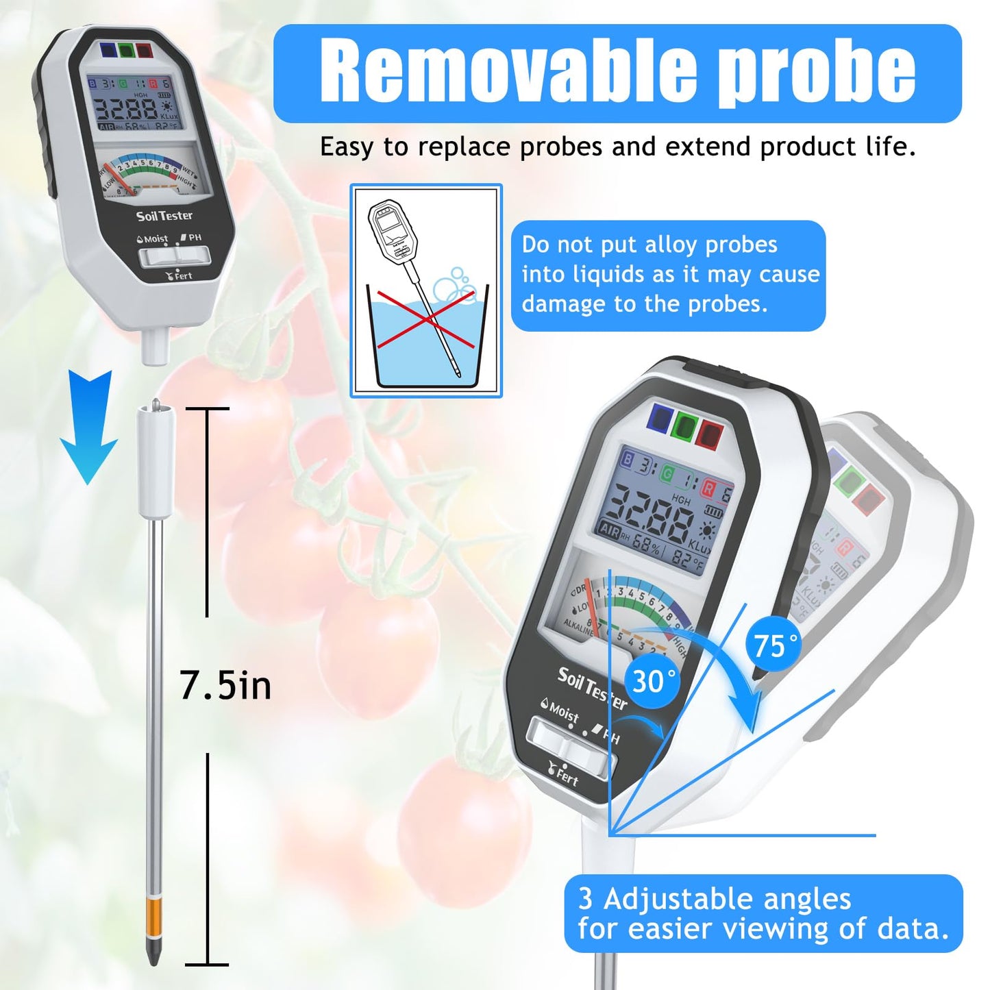 Soil Moisture Meter, 7-in-1 Soil PH Tester/Soil Moisture/Fertility with Removable Probe, Digital Air Temp/Humidity/Sunlight Intensity/BGR Spectral for Plants Gardening, Lawn and Indoor Outdoor Plants