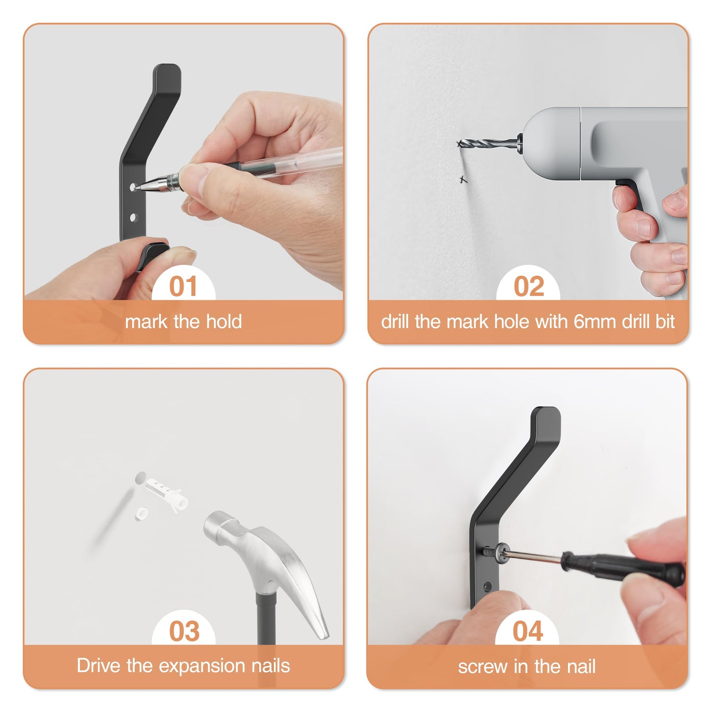 susswiff 20-Pack Wall Hook for Hanging Coat - 20LB (Max), Stainless Hooks for Towel, Hat, Backpack, Clothes, Wall Mounted Coat Hanger for Closet, Metal, Black