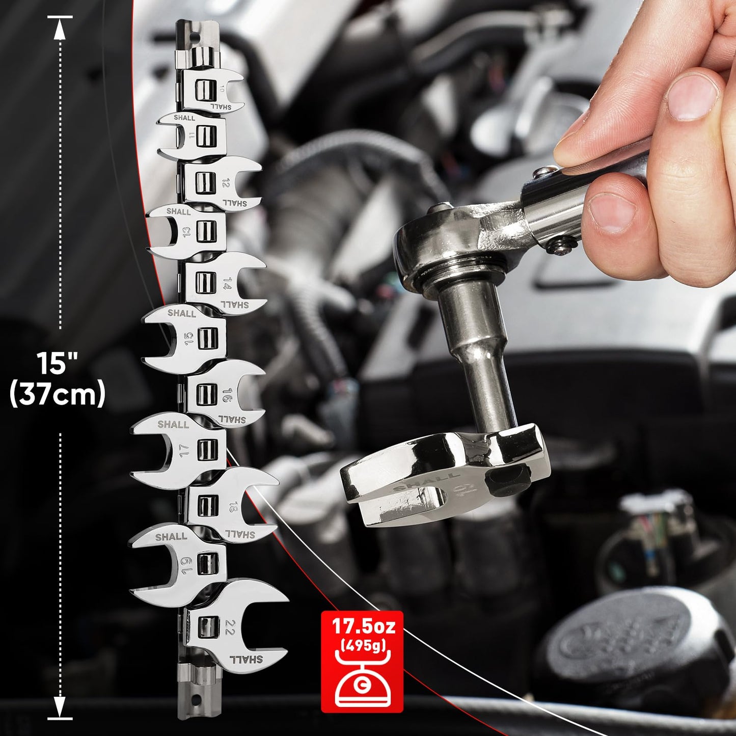 SHALL 3/8" Crows Foot Wrench Set, 11-Piece Metric Crowfoot Wrench Set with Clip-on Organizer, 10-22mm, Tools for Mechanics, Access Fasteners in Tight Spaces
