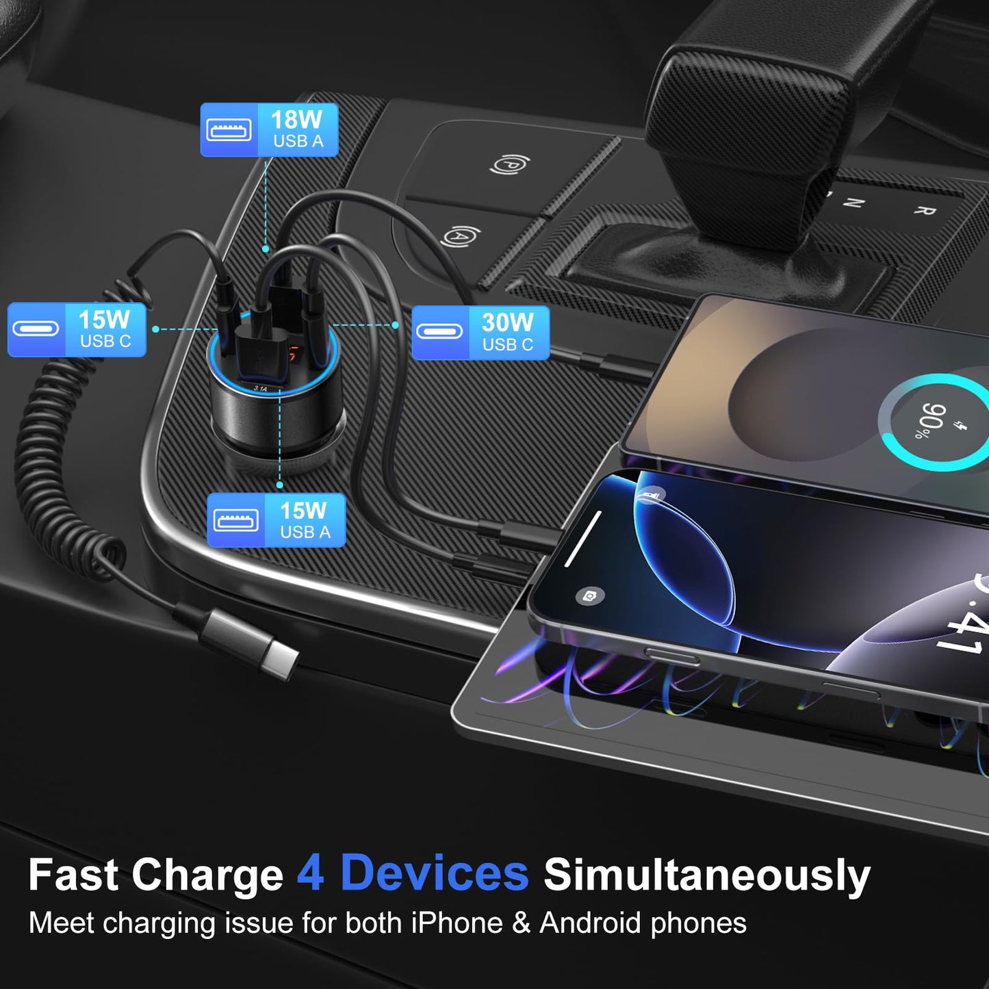 USB C Car Charger 65W, 4-Port QC PD 3.0 Super Fast Charging Cigarette Lighter Adapter Dual 12V USB-C & USB-A Car Phone Charger Plug for iPhone 17 16e 15 Pro Max Galaxy Pixel Android+6FT Type C Cable