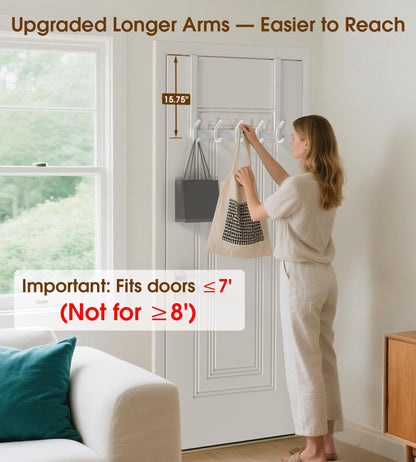 KitchLife Long Over Door Hooks Hanger with 15.75" Extended Arms, Fits 1-3/4" Thick Doors, J40C, 1 Pack Double-Hook, Thickened Bathroom Towel Rack Organization with Screws, Glossy White