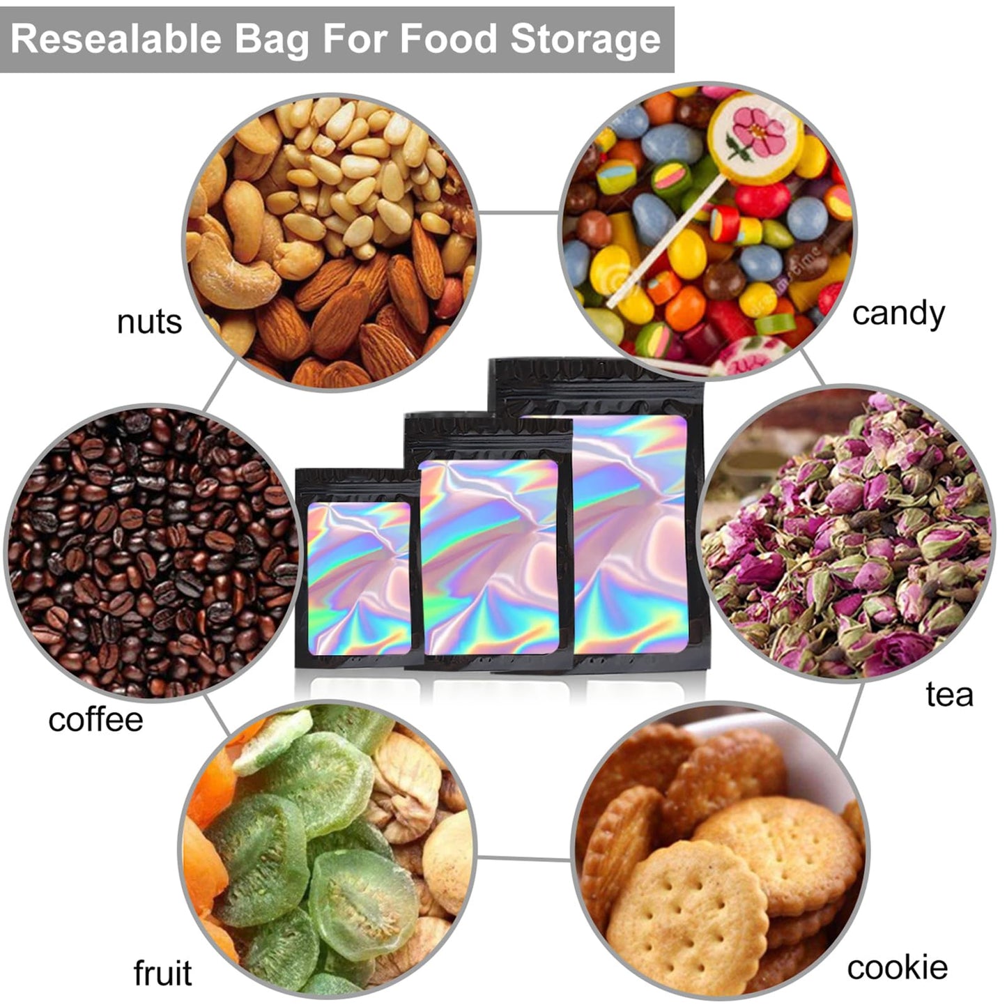 300 Pack 3 Sizes Resealable Mylar Holographic Bags Food Storage Smell Proof Bags with Front Window Packaging Pouch for Sample Snack Cookies Jewelry (Black, 3 x 4.7 inch,4 x 6 inch,4.7 x 7.9 inch)
