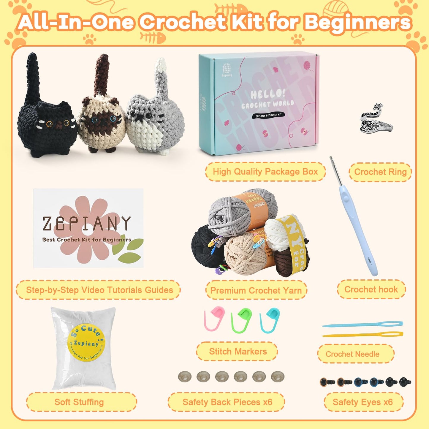 Zepiany Crochet Kit for Beginners, Crochet Cat Crafts for adults, Amigurumi Crochet Animals Craft Kit Crochet Set, Easy Christmas Gifts with Step-by-Step Video Tutorials, Hobbies for Adults Women