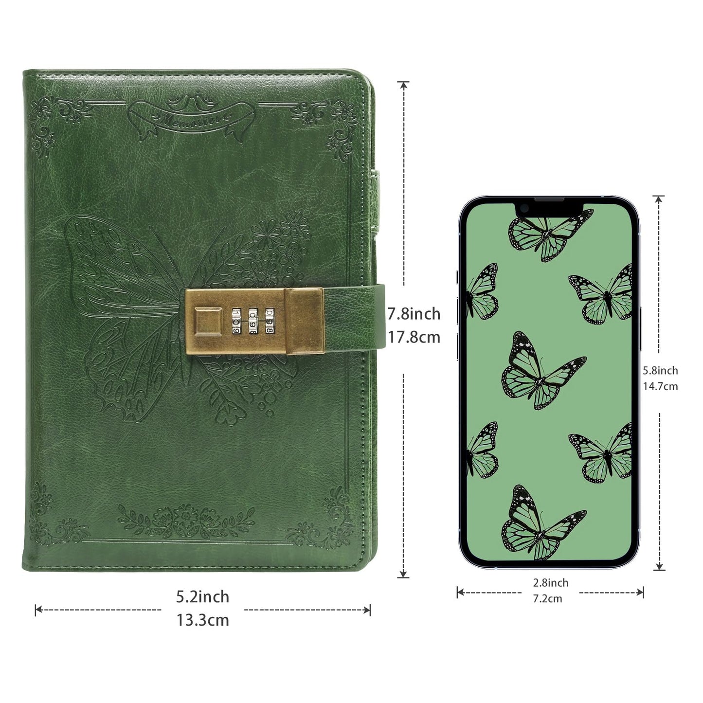 Diary with Lock, Journal for Women Girls, Vintage Refillable Secret Journal, Locking Notebook Gift for Girls with Combination Lock, 5.3'' x 7.8'' (Green)