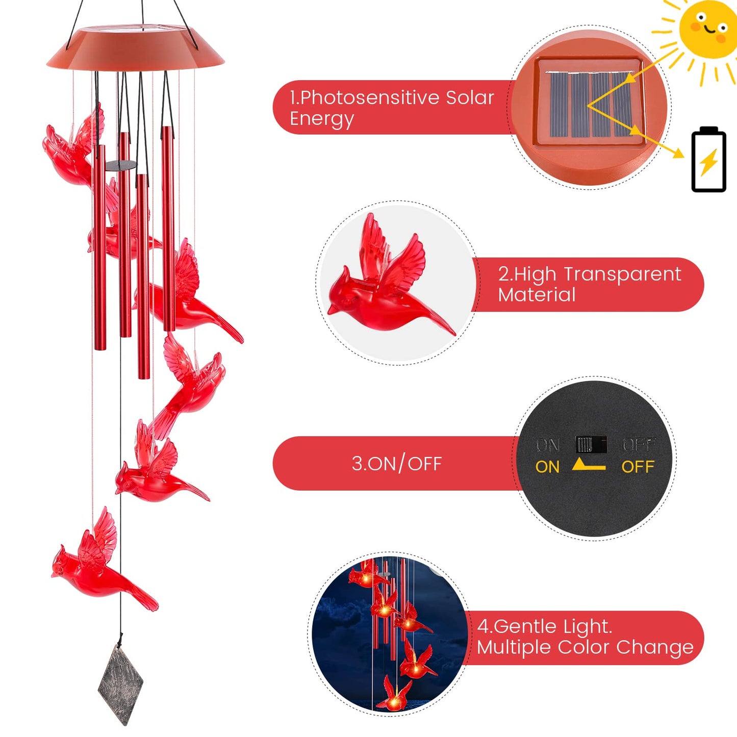 Cardinal Solar Wind Chimes,Red Bird Chimes for Outside Garden Decor, Garden Gifts Women Birthday/Thanksgiving/Christmas, for Mom Grandma