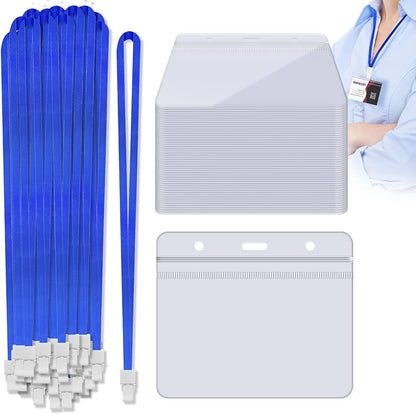 FZENeast Badge Holder with Lanyard，50 PCS Clear Waterproof Horizontal id Holder with 50 PCS Flat Neck Blue Badge Lanyards for Business Office School